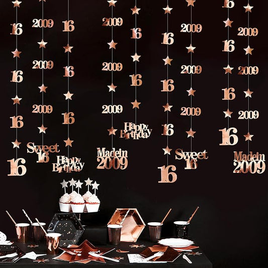 12PCS Rose Gold 16th Birthday Decorations Number 16 and 2009 Star Garland Streamer Banner Backdrop for Girls Boys Cheers to 16 Years Birthday Vintage Made in 2009 Sweet Sixteen Party Decor Supplies