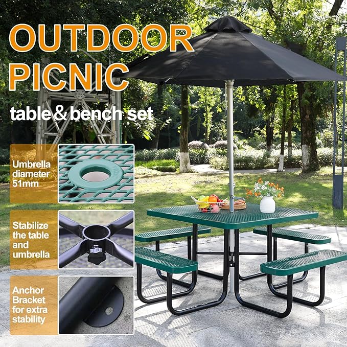 46-Inch Square Outdoor Picnic Table – Commercial Heavy-Duty Steel Dining Table with Thermoplastic Coating, Weather & Rust Resistant, Ideal for Parks, Patios, Schools, Campgrounds (Green)