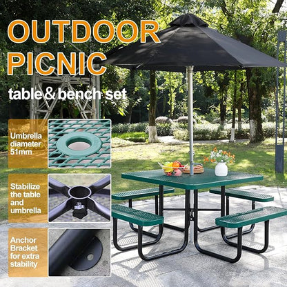 46-Inch Square Outdoor Picnic Table – Commercial Heavy-Duty Steel Dining Table with Thermoplastic Coating, Weather & Rust Resistant, Ideal for Parks, Patios, Schools, Campgrounds (Green)