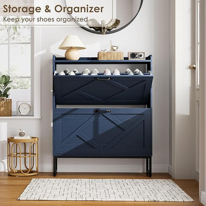Nicetree Shoe Storage Cabinet, Shoe Cabinet with 2 Flip Drawers, Narrow Shoe Rack Cabinet, Farmhouse Slim Shoe Cabinet Storage for Entryway,Blue