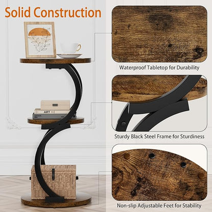 Small Side Table, 3-Tier Round End Table for Living Room, S-Shaped Accent Table for Small Spaces Sofa Couch Bedroom, Vintage Nightstand Wood Metal Coffee Table with Storage Shelf, Rustic Brown