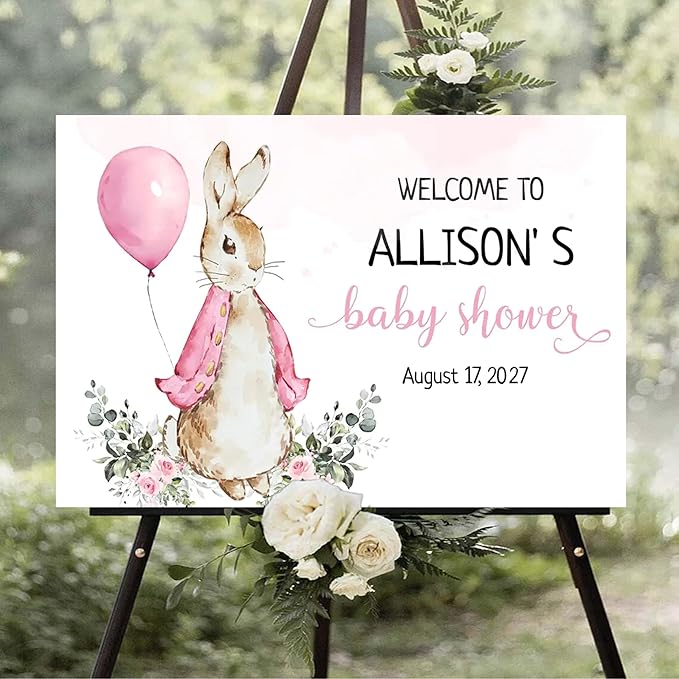 Personalized Bunny Rabbit Baby Shower Welcome Sign for Girl, Pink Peter Rabbit Theme, Greenery Bunny baby shower sign, Gift for Boys & Girls, Gender Reveal Decor, Birthday Party Favors (Style 11)