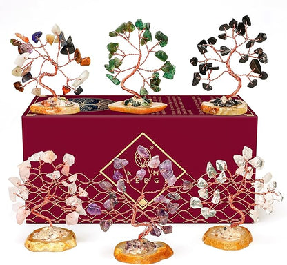 Crystal Tree for Positive Energy, 7 Chakra Stones and Healing Crystals Tree of Life, Money Bonsai Trees, Feng Shui Décor for Home and Office Desk Decoration, Spiritual & Good Luck Gifts Set of 6 Trees