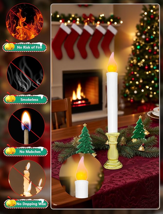 10 Pcs Battery Operated LED Window Candles with Timer, 10'' Flameless Flickering Christmas Window Candles with Suction Cups, Gold Base Taper Candlesticks Lights for Christmas Window Table Decorations