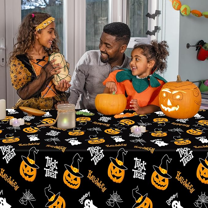 QZYL 4 Pack Halloween Coloring Tablecloth, 54" x 108" Pumpkin Decorations, Purple Disposable Table Cloth Black Plastic Tablecover, Halloween Party Decor Supplies Indoor Outdoor