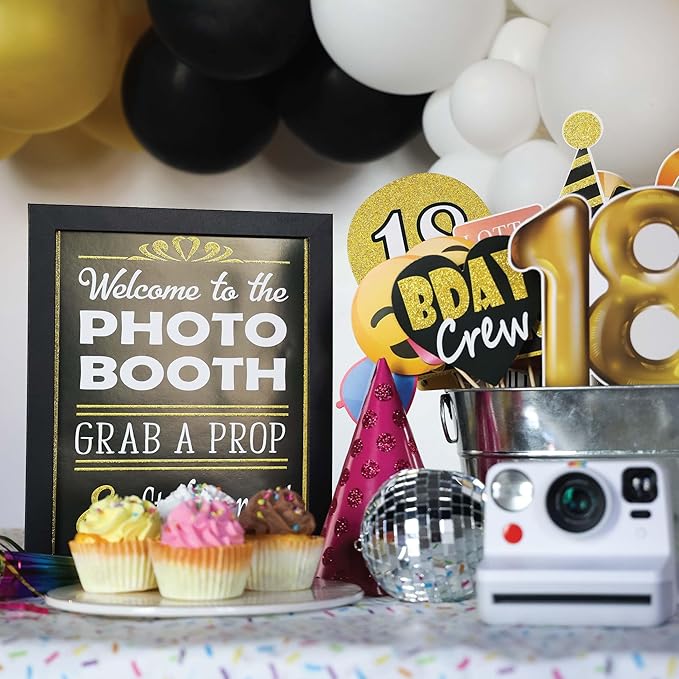 18th Birthday Photo Booth Props - 41-pc Photobooth Kit with 8 x 10-Inch Sign, 60 Adhesive Pads, 45 Sticks - 18th Birthday Decorations for Girls and Boys - 18 Photo Booth Props