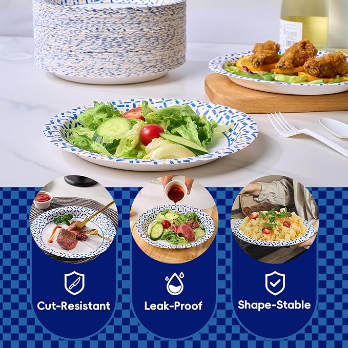 JOLLY CHEF 10 Inch Paper Plates 140 Count, Soak-Proof, Cut Proof, Disposable Heavy Duty Plates for Picnic, Family Gatherings, Parties