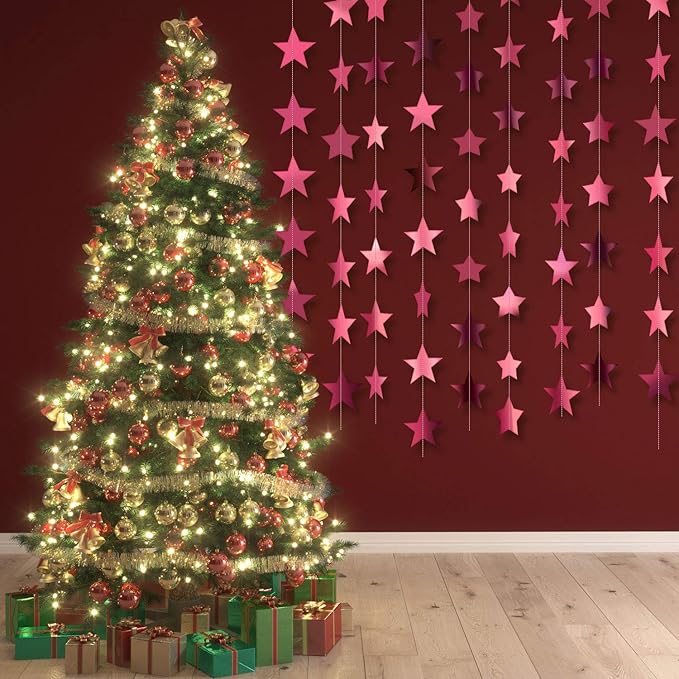 Patelai Glitter Star Garland Banner Christmas Decor 130 Feet Star Hanging Bunting Banner Twinkle Backdrop for Homecoming Classroom Wedding Birthday Halloween Party Supplies(Rose Pink)