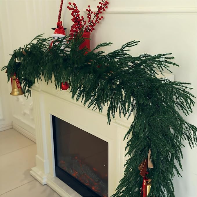 9FT Christmas Garland Artificial Norfolk Pine Garland，Handmade Real Touch Greenery Faux Pine Needles Garland for Home Table Mantle Fireplace Indoor Outdoor Christmas Decor(Dark Green)