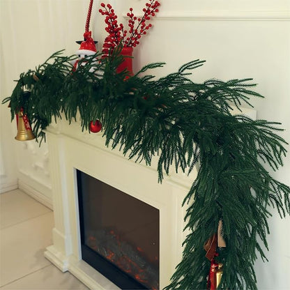 9FT Christmas Garland Artificial Norfolk Pine Garland，Handmade Real Touch Greenery Faux Pine Needles Garland for Home Table Mantle Fireplace Indoor Outdoor Christmas Decor(Dark Green)