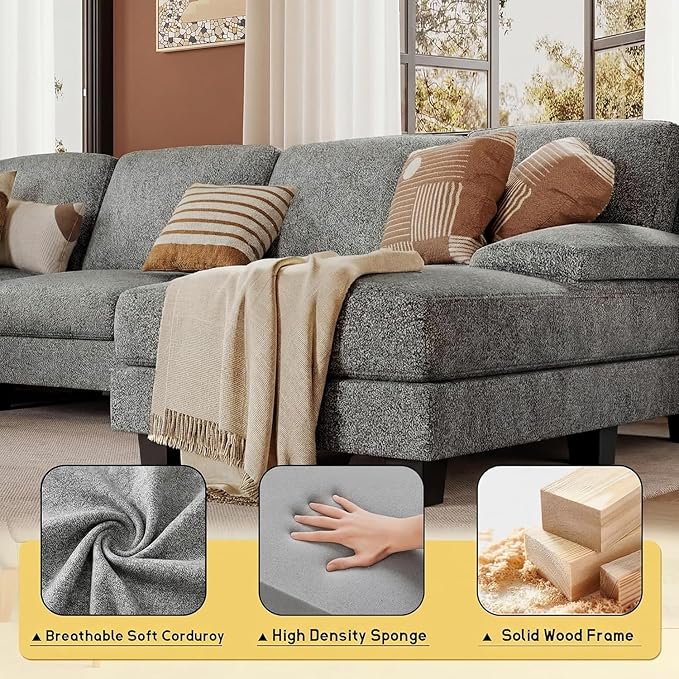 JUMMICO Sectional Couches for Living Room, U Shaped Couch with Chenille Fabric, 4 Seat Modern Sofa with Removable Pillows for Apartment and Small Space (Loop Yarn, Pearl Gray)