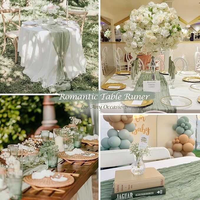10 Pack Sage Green Cheesecloth Table Runner 35x120 Inch, Boho 10FT Cheese Cloth Sheer Gauze Table Runner for Baby Shower Birthday Party Wedding Christmas Table Decorations