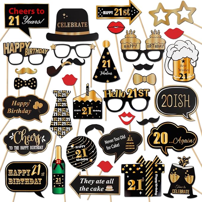 LINGTEER Happy 21st Birthday Party Photo Booth Props,Cheers to 21st Birthday 21st Years Old Bday Party Centerpieces Props Decorations Sign.
