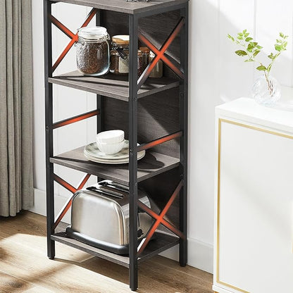 Small Bookshelf,4 Tier Industrial Bookcase with Metal Frame and Backboard,Narrow Rustic Gery Book Shelf,Book case for Small Spaces,Living Room,Bedroom and Home Office