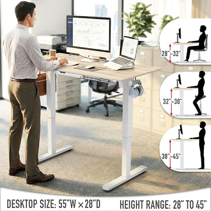SHW 55 x 28 Inches Electric Height Adjustable Standing Desk with Drawer and Memory Preset, Maple