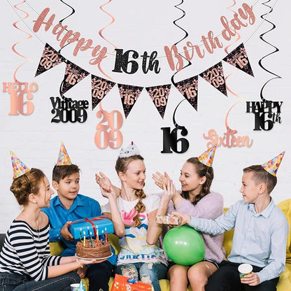 16th Birthday Decorations for Girls, Black Rose Gold Happy 16th Birthday Banner Vintage 2009 Hello 16 Decorations Kit Hanging Swirls Sixteen Year old Bday Party Supplies