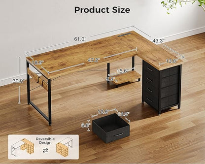 AODK L Shaped Gaming Desk with 4 Drawers, 61" Reversible Home Office Desks with Power Outlets, L Shaped Computer Desk with USB Charging Port and Host Stand, Corner Desk, Easy to Assemble, Vintage