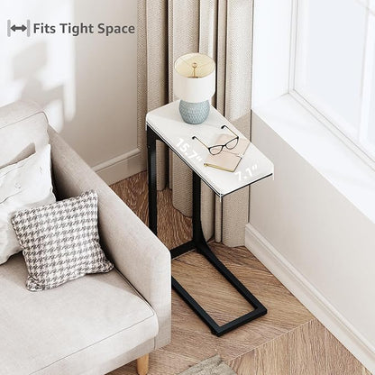 QEEIG Narrow C Shaped Side Table Set of 2 Living Room Sets Slim Couch Tray Tables Skinny Thin Small Modern 7 inch Width, White and Black (017-18WB)