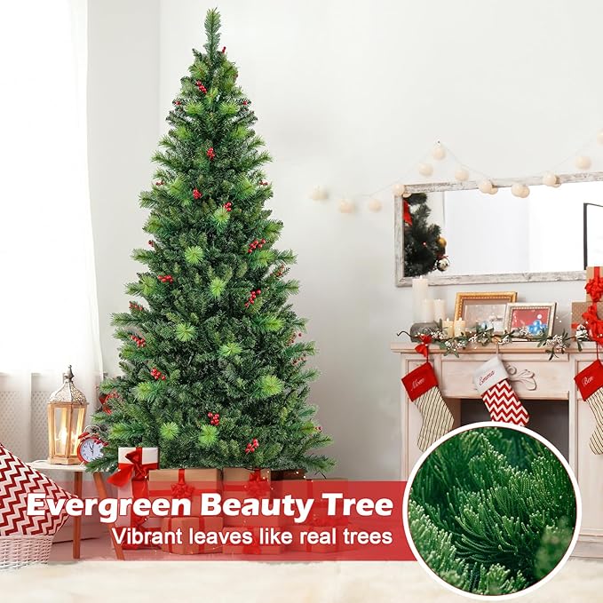 GOFLAME 7FT Pre-Lit Christmas Tree, Hinged Artificial Xmas Tree with Pine Needles, 974 Branch Tips, 36 Clusters of Red Berries, 400 LED Lights, 9 Lighting Modes, 4 Brightness, Remote Control & Timer