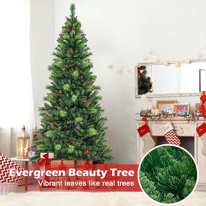 GOFLAME 7FT Pre-Lit Christmas Tree, Hinged Artificial Xmas Tree with Pine Needles, 974 Branch Tips, 36 Clusters of Red Berries, 400 LED Lights, 9 Lighting Modes, 4 Brightness, Remote Control & Timer