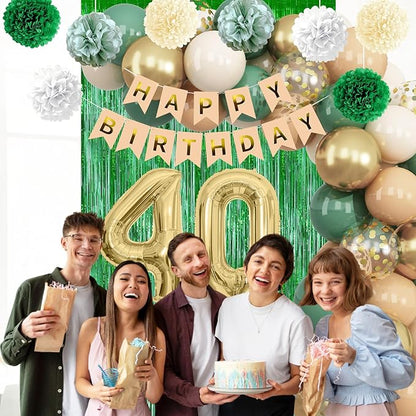 Sage Green 40th Birthday Decorations for Men Gold Number 40 Balloon Nude Gold Happy Birthday Banner Fringe Curtain Paper Pom Poms Olive Green Cream White Sand Star Foil Balloons Party Decor