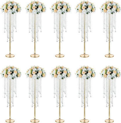NUPTIO Gold Vases for Weddings - 10 Pcs 29.5in Tall Crystal Flower Stand Centerpieces