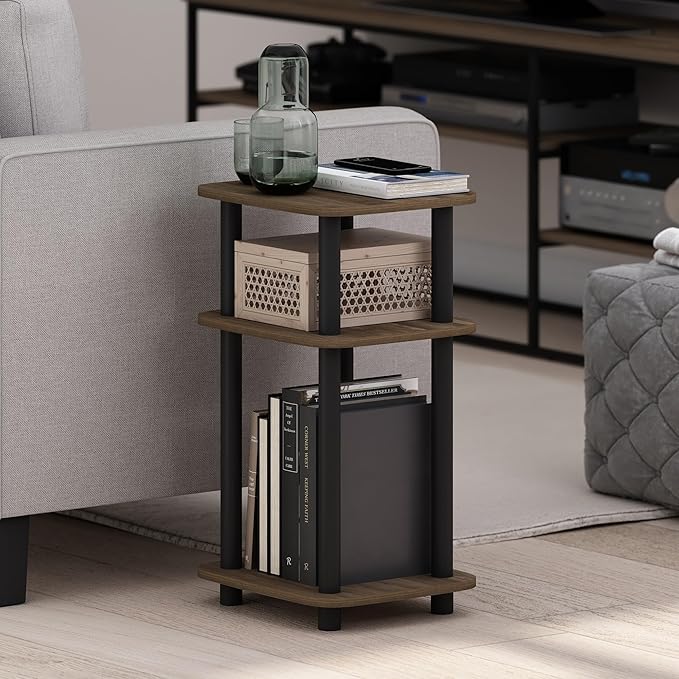 Furinno JUST Side Table, 3-Tier Turn-N-Tube End Table with Open Shelf, Round Curve Corner Night Stand, Bedside Table, Easy Assembly, for Living Room, Bedroom, Columbia Walnut