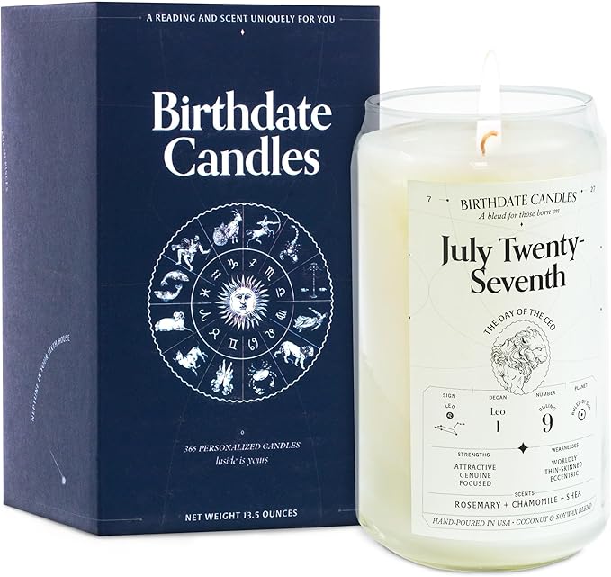 Birthdate Candles, July 27 - Leo Zodiac Scented Candles Birthday Gift - Rosemary, Chamomile & Shea Scent - All-Natural Soy & Coconut Wax, 60-80 Hour Burn Time - Made in USA