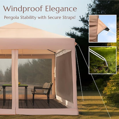 PHI VILLA 10' x 10' Pop Up Canopy Tent with Netting, Instant Gazebo, Ez up Screen House Room with Carry Bag, Height Adjustable, for Outdoor, Garden, Patio