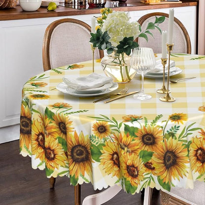 Eikione Sunflower Round Tablecloth 70inch, Fall Gingham Tablecloth Waterproof and Wrinkle-Free, Wild Flower Rustic Table Covers, Fall Decorations for Home
