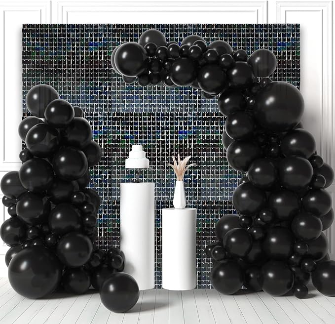 48 PCS Black Shimmer Wall Backdrop, Laser Square Sequin Photo Backdrops Panel, Glitter Wall Background for Birthdays, Weddings, Halloween, Engagements, Disco Bachelorette Party Decoration (6FTx8FT)