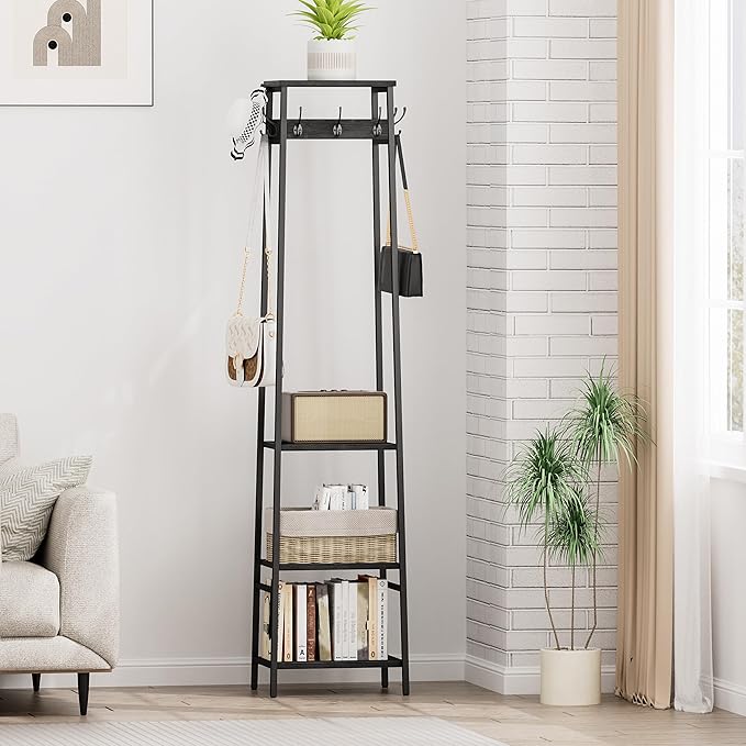 Coat Rack Freestanding, Coat Stand with 3 Shelves and 7 Hooks, Hall Tree Free Standing, Clothes Rack Stand Organizer for Bedroom, Hallway, Entryway, Living Room, Industrial Style, Black