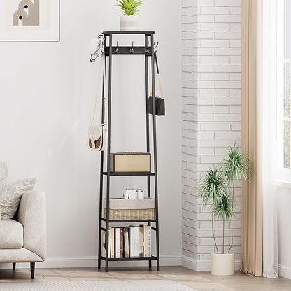 Coat Rack Freestanding, Coat Stand with 3 Shelves and 7 Hooks, Hall Tree Free Standing, Clothes Rack Stand Organizer for Bedroom, Hallway, Entryway, Living Room, Industrial Style, Black