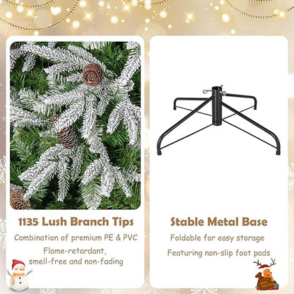 GOFLAME 7.5FT Pre-Lit Artificial Christmas Tree, Snow Flocked Xmas Tree with 1135 Branch Tips, 470 Warm White LED Lights, 81 Pine Cones, Holiday Decoration Tree for Home Office Party