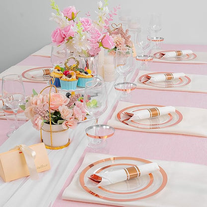 Liacere 350PCS Rose Gold Plastic Plates - Clear with Rose Gold Rim for 50Guests Dinnerware - Include 100 Plates disposable 150 PCS Silverware 50 Napkins for Wedding ＆ Party & Valentine’s Day