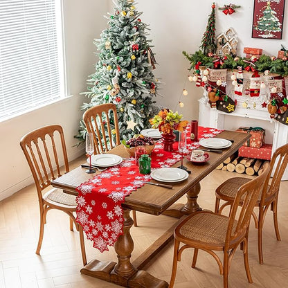 Joyfol Day Christmas Red Table Runner 14 x 69 Inch, Cutwork Embroidered White Snowflake Table Runners, for Xmas Holiday Winter Festival Kitchen Dining Tabletop Decoration