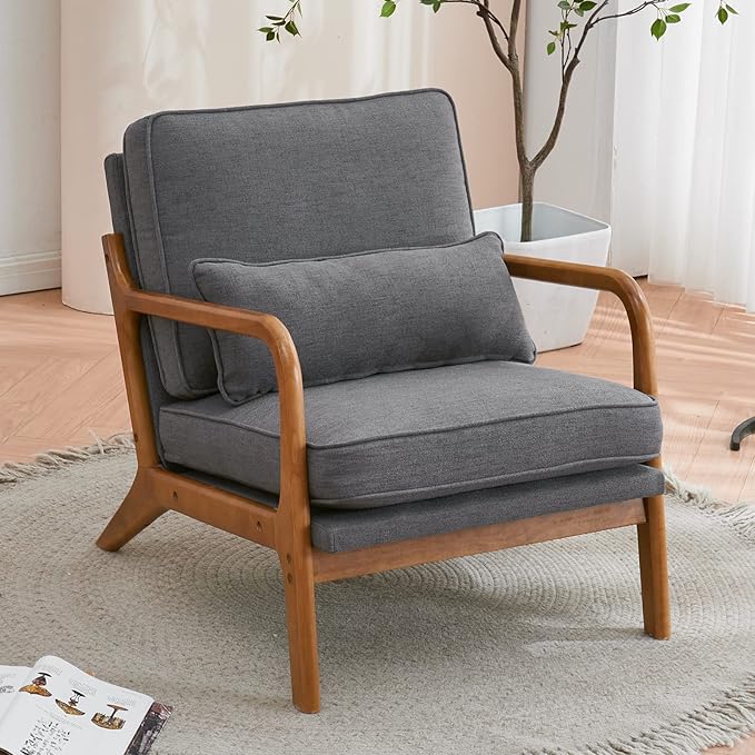 Bonnlo Linen Dark Grey Accent Chairs Set of 2, Upholstered Mid Century Modern Lounge Chairs Reading Chairs Side Sitting Chair Solid Wood Farmhouse Armchairs for Living Room, Bedroom, Guest Room