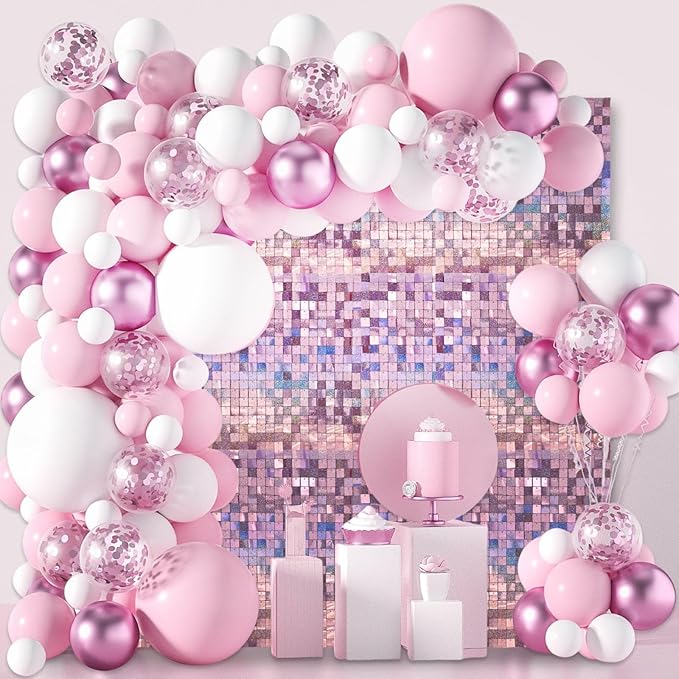 48 PCS Light Pink Shimmer Wall Backdrop, Laser Square Sequin Photo Backdrops Panel, Glitter Wall Background for Birthdays, Weddings, Halloween, Engagements, Disco Bachelorette Party Decoration (6x8FT)