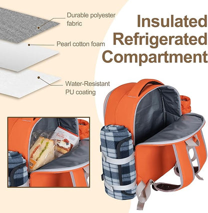 Picnic Backpack for 2 Persons with Insulated Leakproof Cooler Compartment, Cutlery Sets, Wine Holder, Fleece Blanket, Wedding Gifts for Couples, Perfect for Beach, Camping, Hiking, Orange