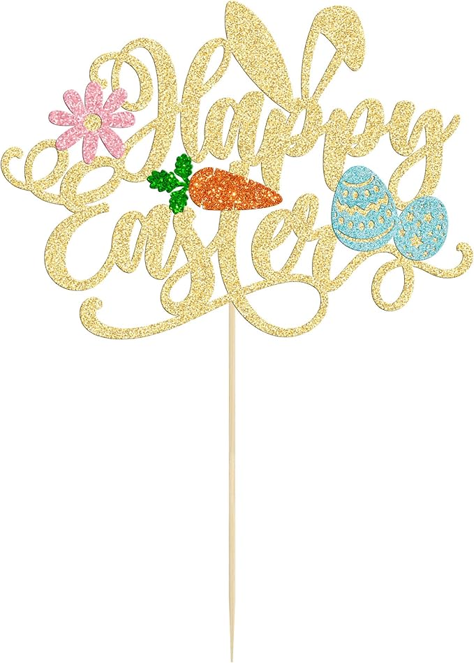 Ephlyn Easter Happy Birthday Cake Topper, 1Pc Glitter Carrot Egg Bunny Rabbit Cake Decorations for Kids Birthday Party Supplies