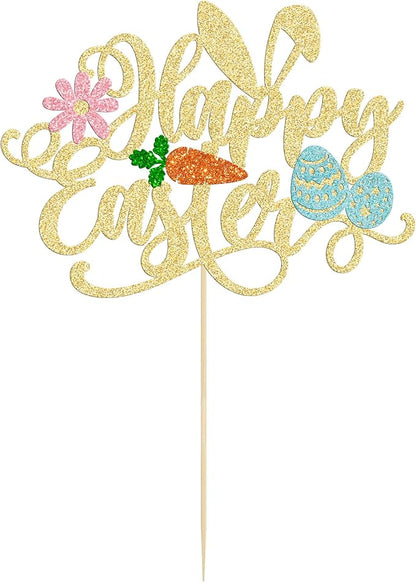 Ephlyn Easter Happy Birthday Cake Topper, 1Pc Glitter Carrot Egg Bunny Rabbit Cake Decorations for Kids Birthday Party Supplies