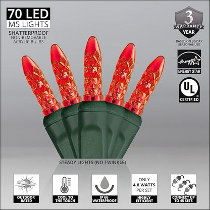 M5 LED Mini Ice Red Prelamped Light Set, Green Wire - 70 M5 Red LED Christmas Lights, 4" Spacing