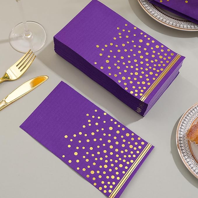 100 Pcs Purple Paper Napkins Disposable - Purple Gold Dot Dinner Party Napkins for Bathroom Wedding Anniversary Birthday Party Supplies