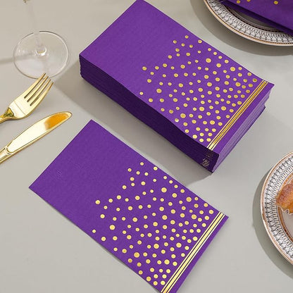 100 Pcs Purple Paper Napkins Disposable - Purple Gold Dot Dinner Party Napkins for Bathroom Wedding Anniversary Birthday Party Supplies