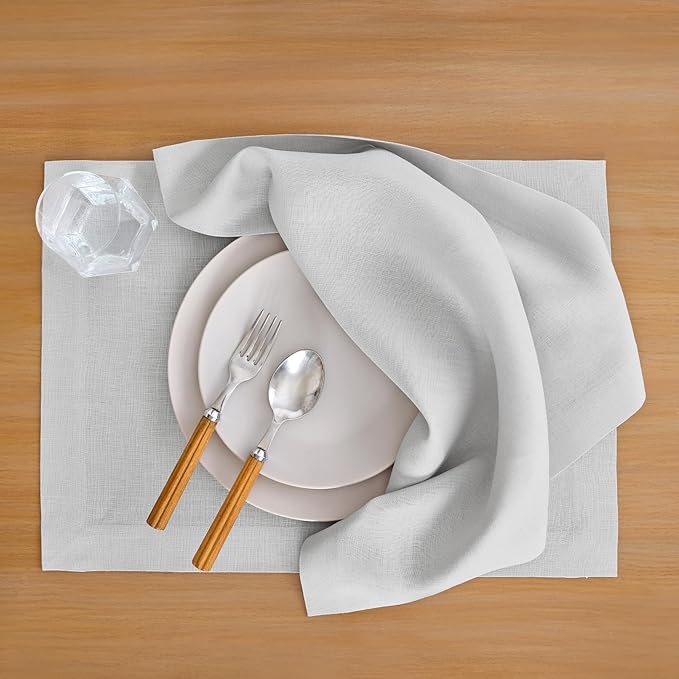 Solino Home Linen Placemats Set of 4 - Silver Cloud Placemats 14 x 19 Inch - 100% Pure Linen Table Place Mats for Fall, Autumn - Fete