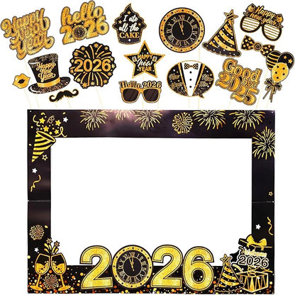 31 Pcs New Year Eve Photo Booth Props, Happy New Year 2026 New Years Decorations 2026, Black Gold Photo Booth Props Kit for New Years Eve Party Supplies 2026 Photo Props with Photo Frame Hats Glasses