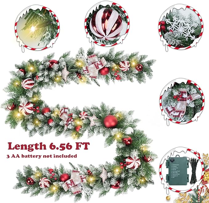 Christmas Garland with Lights 6.56FT Pre-Lit Flocked Garland with 50 LED Battery Operated 8 Lighting Modes - Red Berry & Christmas Ball Decor for Stairs Front Door Fireplace Christmas Decor