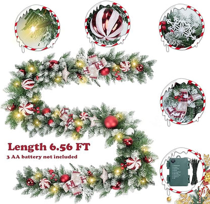 Christmas Garland with Lights 6.56FT Pre-Lit Flocked Garland with 50 LED Battery Operated 8 Lighting Modes - Red Berry & Christmas Ball Decor for Stairs Front Door Fireplace Christmas Decor