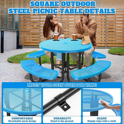 47'' Heavy-Duty Metal Picnic Tables with Umbrella Hole, Outdoor Steel Heavy Duty Commercial Grade Black Table, Outdoor Bench Set for Lawn, Patio, Park, Yard, Garden, Porch (Set C, Round)