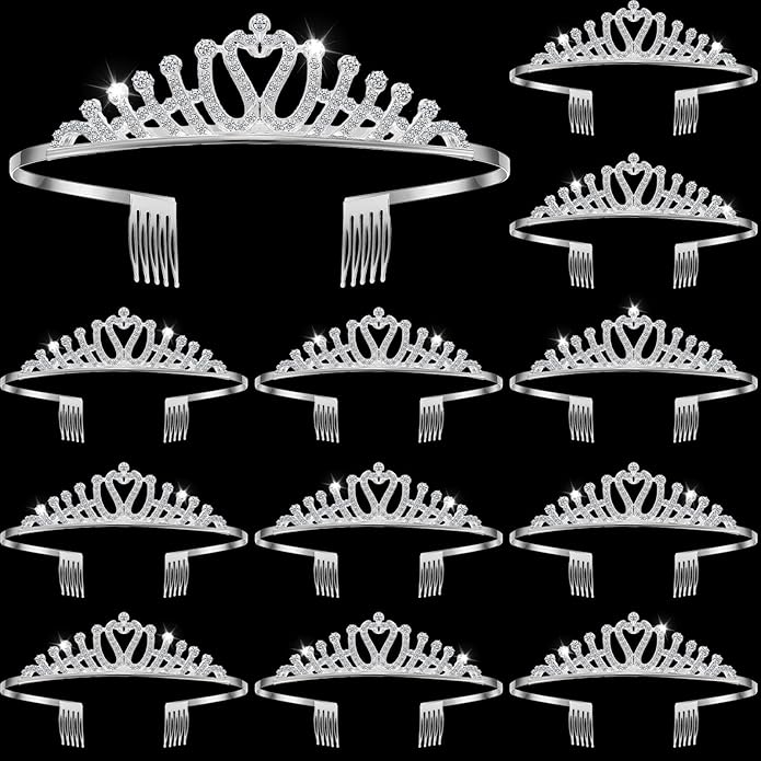 Remuuly 12 Pcs Princess Tiara for Women Silver Queen Tiara Rhinestone Hair Accessories, Princess Headbands Bulk for Bridal Wedding Birthday Prom Christmas Party, with Comb
